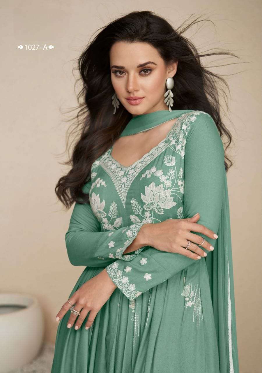 LAKHNAVI VOL 5 LIGHT COLOR HEAVY REYON LAKHNAQI WORK NAYRA CUT KURTI WITH PLAZZO AND NAZMIN DUPATTA BT VAMIKA BRAND 1001 C
